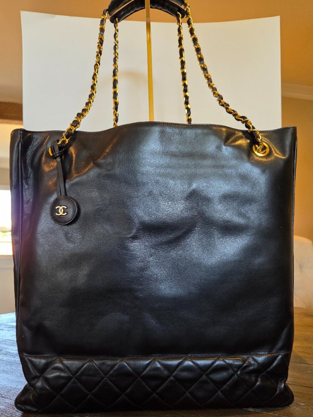 Vintage 1980s Chanel XL Vertical Shopping Tote 24K GHW Black Lambskin 0-Series